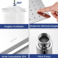 Pommeau De Douche, Flexible Et Barre De Douche|Sofetiy Max Tête de douche Inox Carrée 25cm Kit de douche