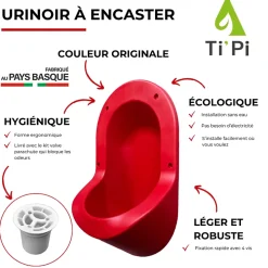 Urinoir|Ti'Pi Urinoir sans eau encastrable rouge + kit valve parachute + pack entretien