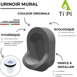 Urinoir|Ti'Pi Urinoir sans eau mural gris + kit valve bec de canard + pack entretien