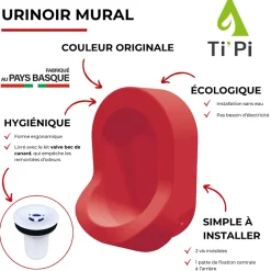 Urinoir|Ti'Pi Urinoir sans eau mural rouge + kit valve bec de canard + pack entretien