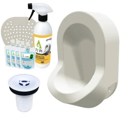 Urinoir|Ti'Pi Urinoir sans eau mural blanc + kit valve bec de canard + pack entretien