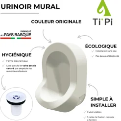 Urinoir|Ti'Pi Urinoir sans eau mural blanc + kit valve bec de canard + pack entretien