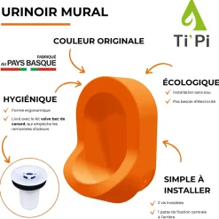 Urinoir|Ti'Pi Urinoir sans eau mural orange + kit valve bec de canard + pack entretien