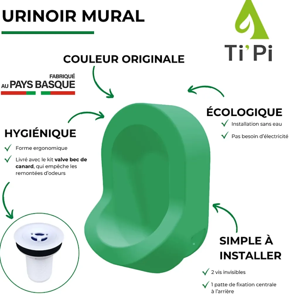Ti'Pi Urinoir sans eau mural vert + kit valve bec de canard + pack entretien