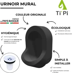 Ti'Pi Urinoir sans eau mural noir + kit valve bec de canard + pack entretien