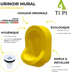 Urinoir|Ti'Pi Urinoir sans eau mural jaune + kit valve bec de canard + pack entretien