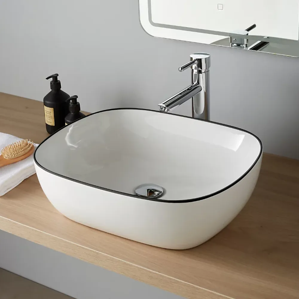 Vasque À Poser|Planète Bain Vasque à poser 49.5 cm blanche avec liseré noir - Mady