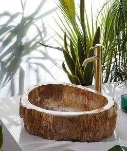 Pegane Vasque à poser / lavabo en pierre naturelle coloris brun - Longueur 45 x Hauteur 15 x Profondeur 40 cm