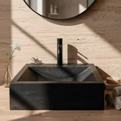 Vasque à poser carrée en basalte noir L.45 x H.10 x P.45 cm, Casa Linea Alba