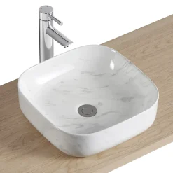 Vasque À Poser|Homesight Vasque à poser carrée gamme Lou en céramique imitation marbre blanc l.37 x P.37 x H.12 cm