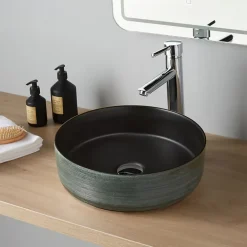 Planète Bain Vasque à poser céramique ronde Asina - 36cm - Décor vert noir mat