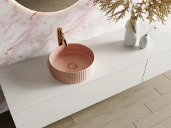 Vente-unique Vasque à poser en céramique striée ronde - Rose mat - 36 cm - PEDARA