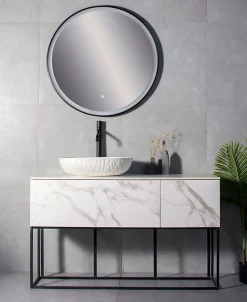 Bernstein Vasque à poser en fonte minérale - 50x40x12cm - Blanc mat, Avec bonde Pop Up - LEO