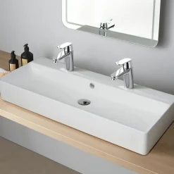 Planète Bain Vasque à poser ou à suspendre double robinet grande taille 110 x 42 cm - Regus