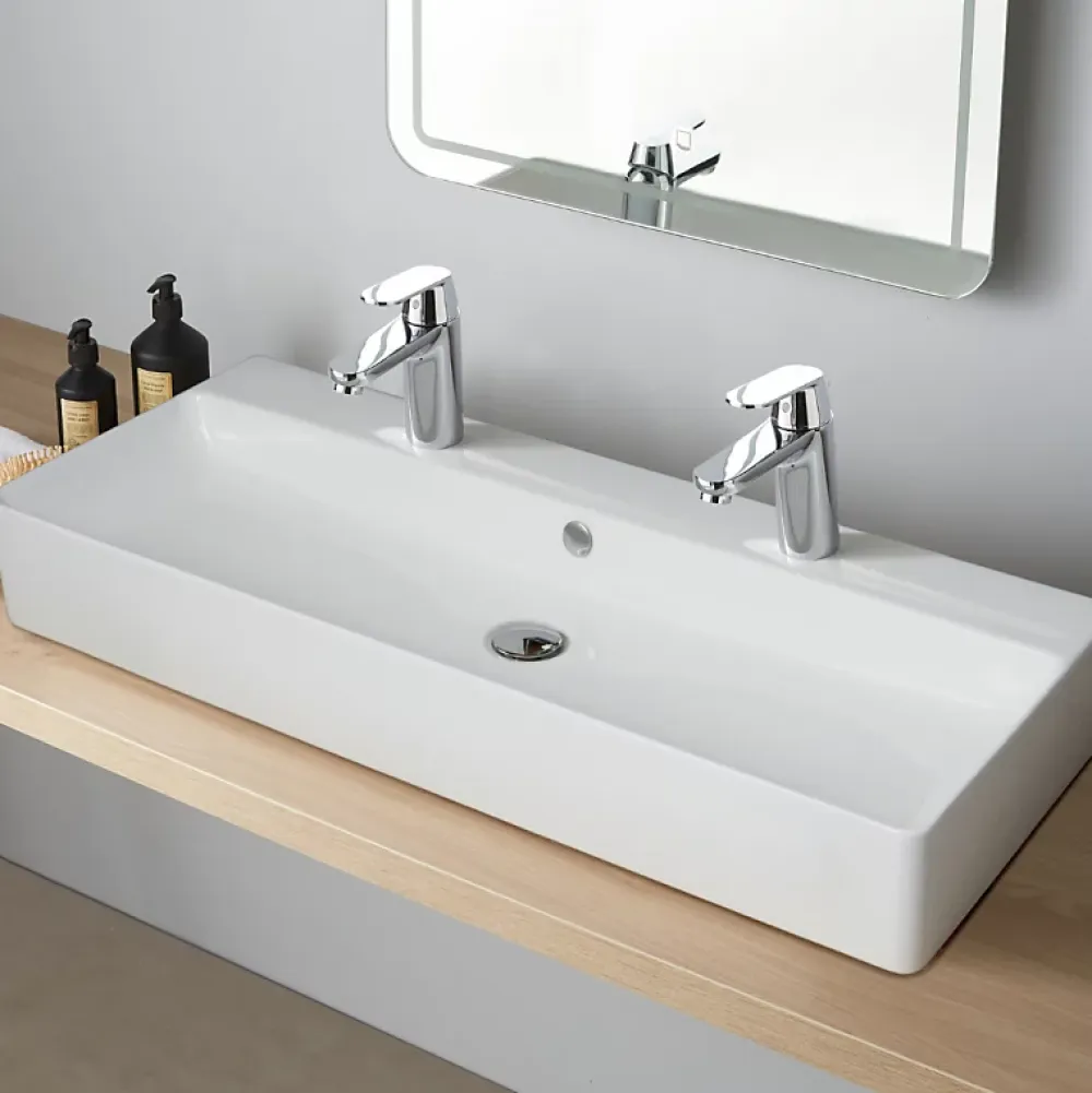 Planète Bain Vasque à poser ou à suspendre double robinet grande taille 110 x 42 cm - Regus