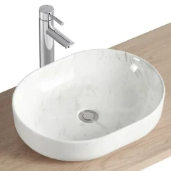 Homesight Vasque à poser ovale céramique imitation marbre blanc Lou