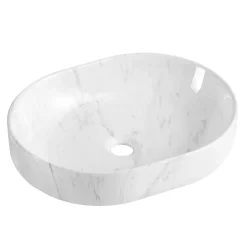 Homesight Vasque à poser ovale céramique imitation marbre blanc Lou