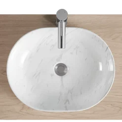 Homesight Vasque à poser ovale céramique imitation marbre blanc Lou