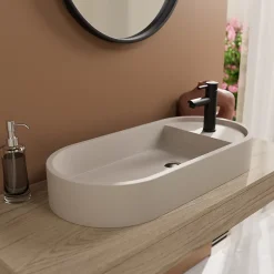 Homesight Vasque à poser ovale en béton beige effet moucheté l.80 x H.12 x P.36,5 cm, Pao