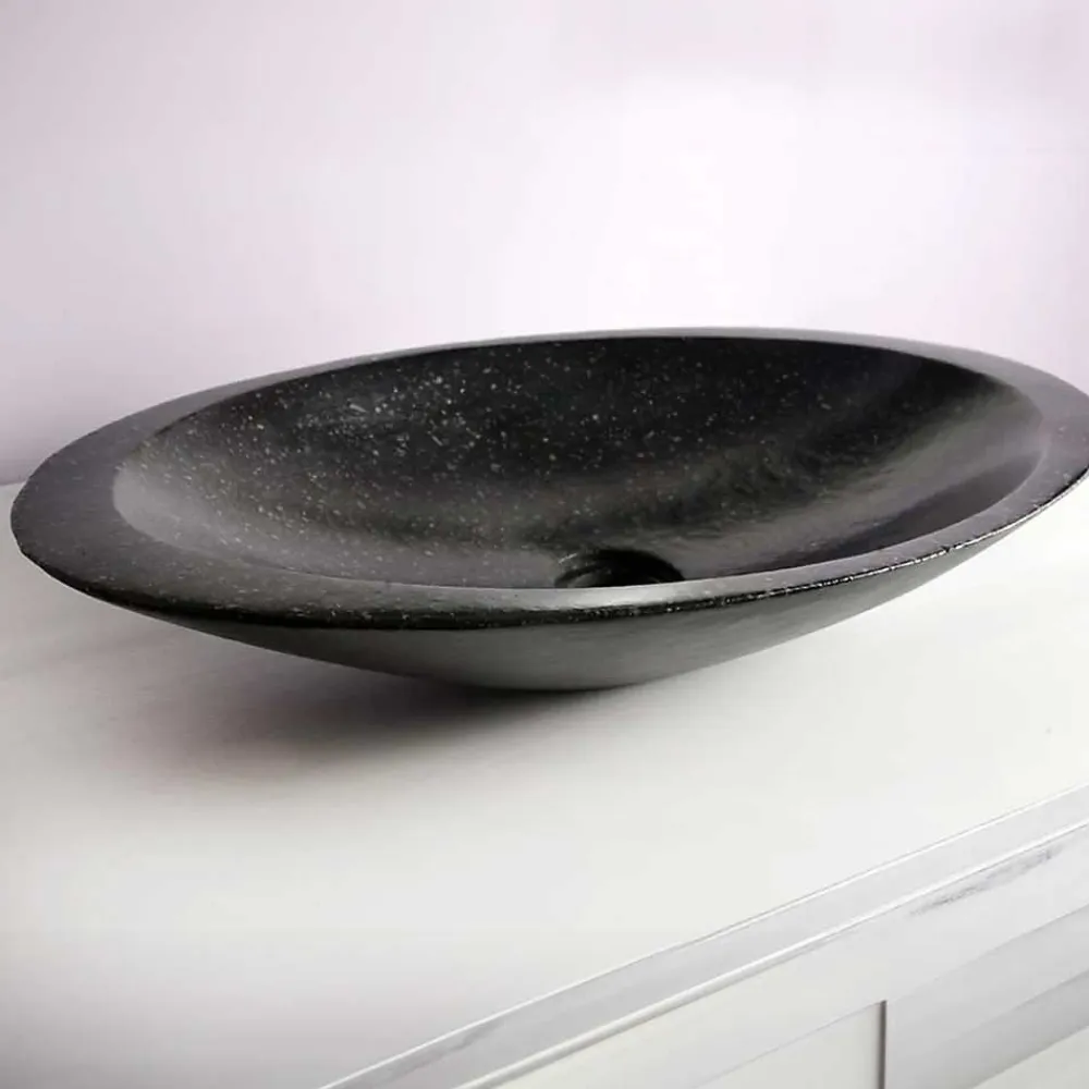 Vasque À Poser|Autres Vasque à poser ovale noire en Terrazzo pour salle de bain moderne