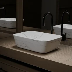 Aurlane Vasque à poser Rectangle en Céramique Blanche Mat Effet Marbre - 45,5x32,5x13 cm - WHITE MARBLE