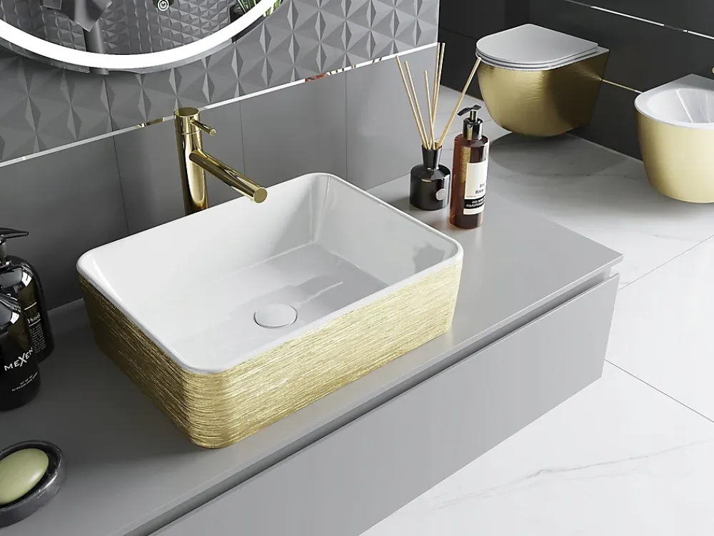 Lavabo|Silla Global Vasque à poser rectangulaire, céramique 48x37x13 cm Blanc/or
