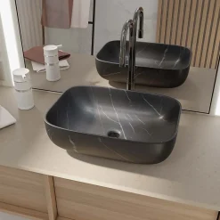 Aurlane Vasque à poser rectangulaire en céramique noire mat effet marbre 46x32x13.5 cm - BLACK MARBLE