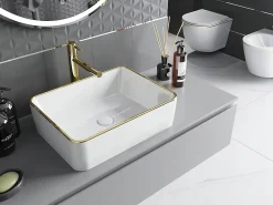 Lavabo|Silla Global Vasque à poser rectangulaire, céramique 48x37x13 cm Blanc/or