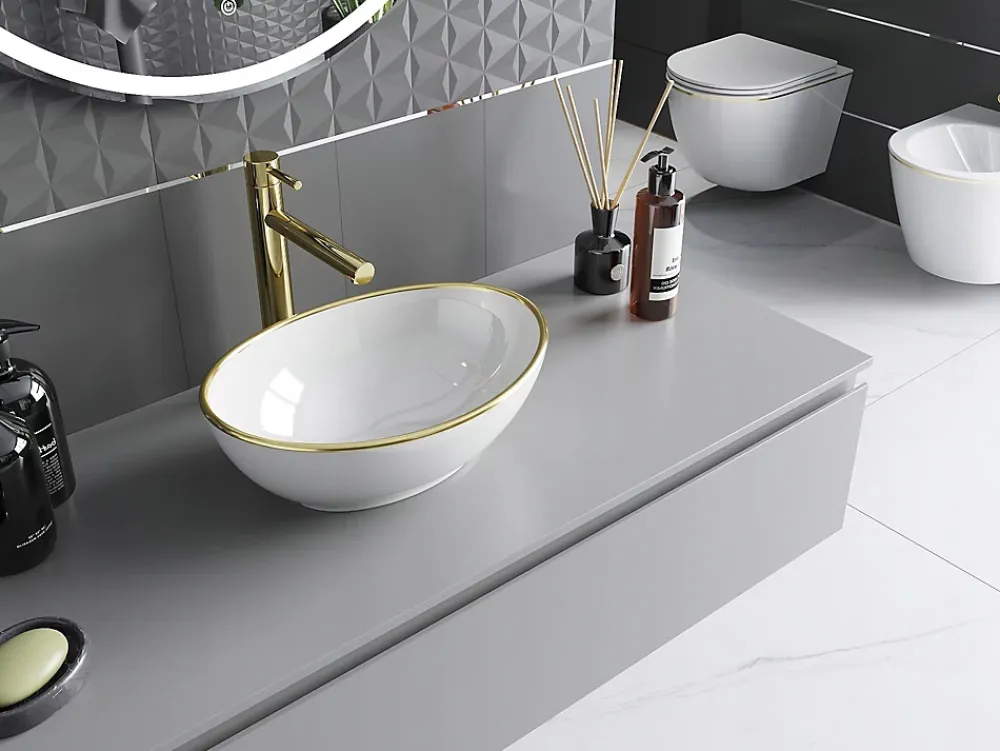 Silla Global Vasque à poser rectangulaire, céramique 40,5x33x14 cm Blanc/or