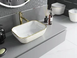 Silla Global Vasque à poser rectangulaire, céramique 45,5x32,5x13,5 cm Blanc/or