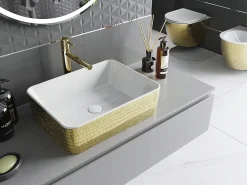 Lavabo|Silla Global Vasque à poser rectangulaire, céramique 48x37x13 cm Blanc/or