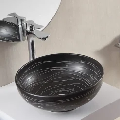 Rue Du Bain Vasque à Poser Ronde - Céramique Noire rainurée Blanc - 41 cm Dark