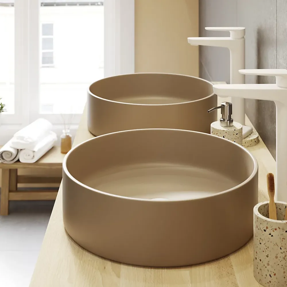 GoodHome Vasque à poser ronde céramique beige mat Samal