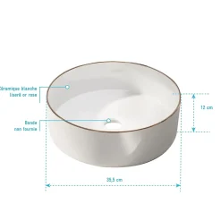 Galedo Vasque à poser ronde en céramique blanche avec liseré doré rosé Ø35,5 x H.12 cm,