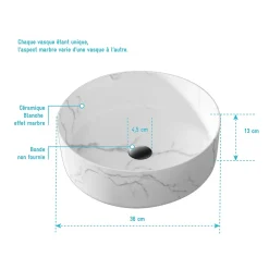 Aurlane Vasque à poser Ronde en Céramique Blanche Mat Effet Marbre - 36cm x 13cm - WHITE MARBLE