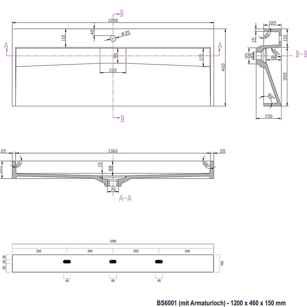 Bernstein Vasque moderne suspendue 120x46x15cm en marbre coulé sans trous prépercés - BS6001
