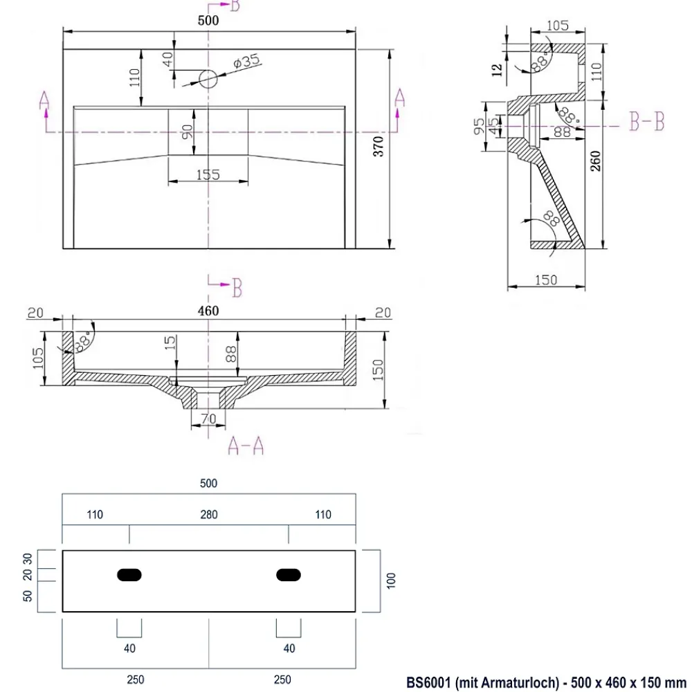 Bernstein Vasque moderne suspendue 50x37x15cm en marbre coulé sans trous prépercés - BS6001