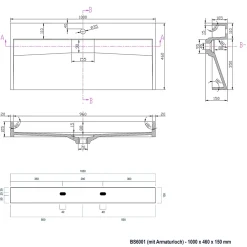 Lavabo|Bernstein Vasque moderne suspendue 100x46x15cm en marbre coulé avec trous prépercés - BS6001