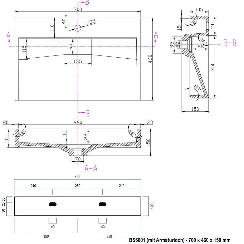 Bernstein Vasque moderne suspendue 70x46x15cm en marbre coulé avec trous prépercés - BS6001