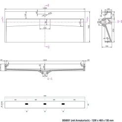 Bernstein Vasque moderne suspendue120x46x15cm en marbre coulé avec trous prépercés - BS6001