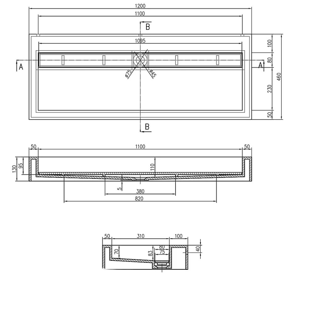 Lavabo|Bernstein Vasque moderne 120x46x13cm en fonte minérale, Lave main à poser - Blanc mat - PB2079