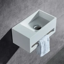 Lavabo|Bernstein Vasque murale design, Lave main fonte minérale Salle de bain, Blanc mat, 35,5x20x16cm, BA2105 + cache blanc + rangement à gauche