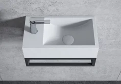 Bernstein Vasque murale suspendue design 44x22x10cm en fonte minérale - Blanc mat, Avec bonde et cache blanc, Rangement gauche, Avec Console