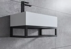 Bernstein Vasque murale suspendue design 44x22x10cm en fonte minérale - Blanc mat, Avec bonde et cache blanc, Rangement gauche, Avec Console