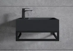 Lavabo|Bernstein Vasque murale suspendue design 44x22x10cm en fonte minérale - Sans bonde ni cache, Rangement gauche, Quartz noir, Avec Console