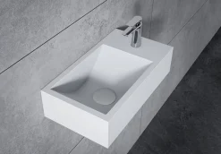 Lavabo|Bernstein Vasque murale suspendue design 44x22x10cm en fonte minérale - Blanc mat, Avec bonde et cache blanc, Rangement droite, Sans console