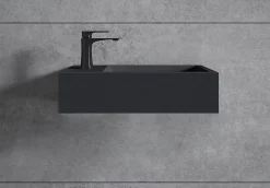 Bernstein Vasque murale suspendue design 44x22x10cm en fonte minérale - Avec bonde et cache, Rangement gauche, Sans console, Quartz noir