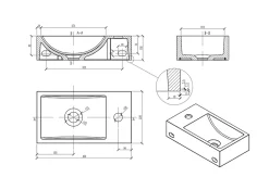 Bernstein Vasque murale suspendue design 44x22x10cm en fonte minérale - Blanc mat, Avec bonde, Sans cache, Rangement gauche, Sans console