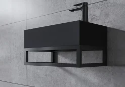 Bernstein Vasque murale suspendue design 44x22x10cm en fonte minérale - Avec bonde, Sans cache, Rangement droite, Quartz noir, Avec Console