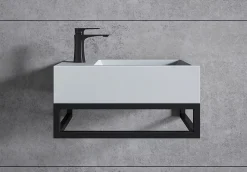 Bernstein Vasque murale suspendue design 44x22x10cm en fonte minérale - Blanc mat, Avec bonde, Sans cache, Rangement gauche, Avec Console